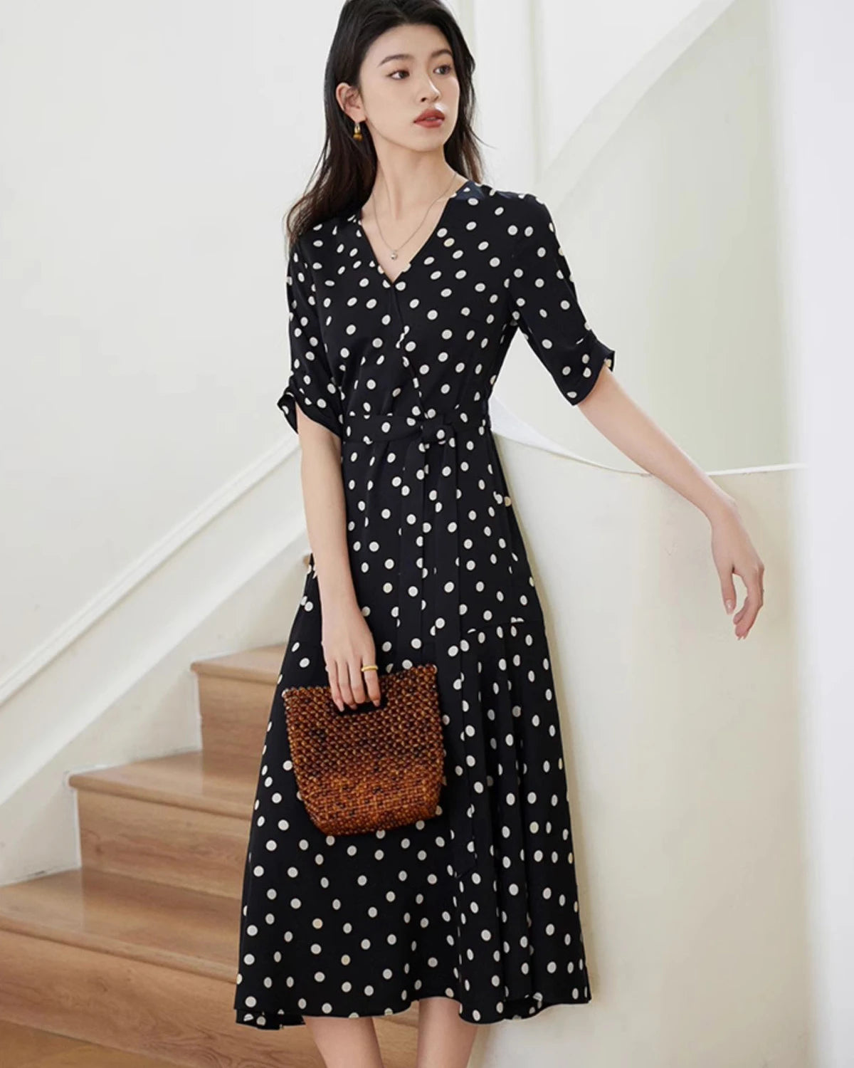 Flared Polka Dot Silk Dress, Black and White