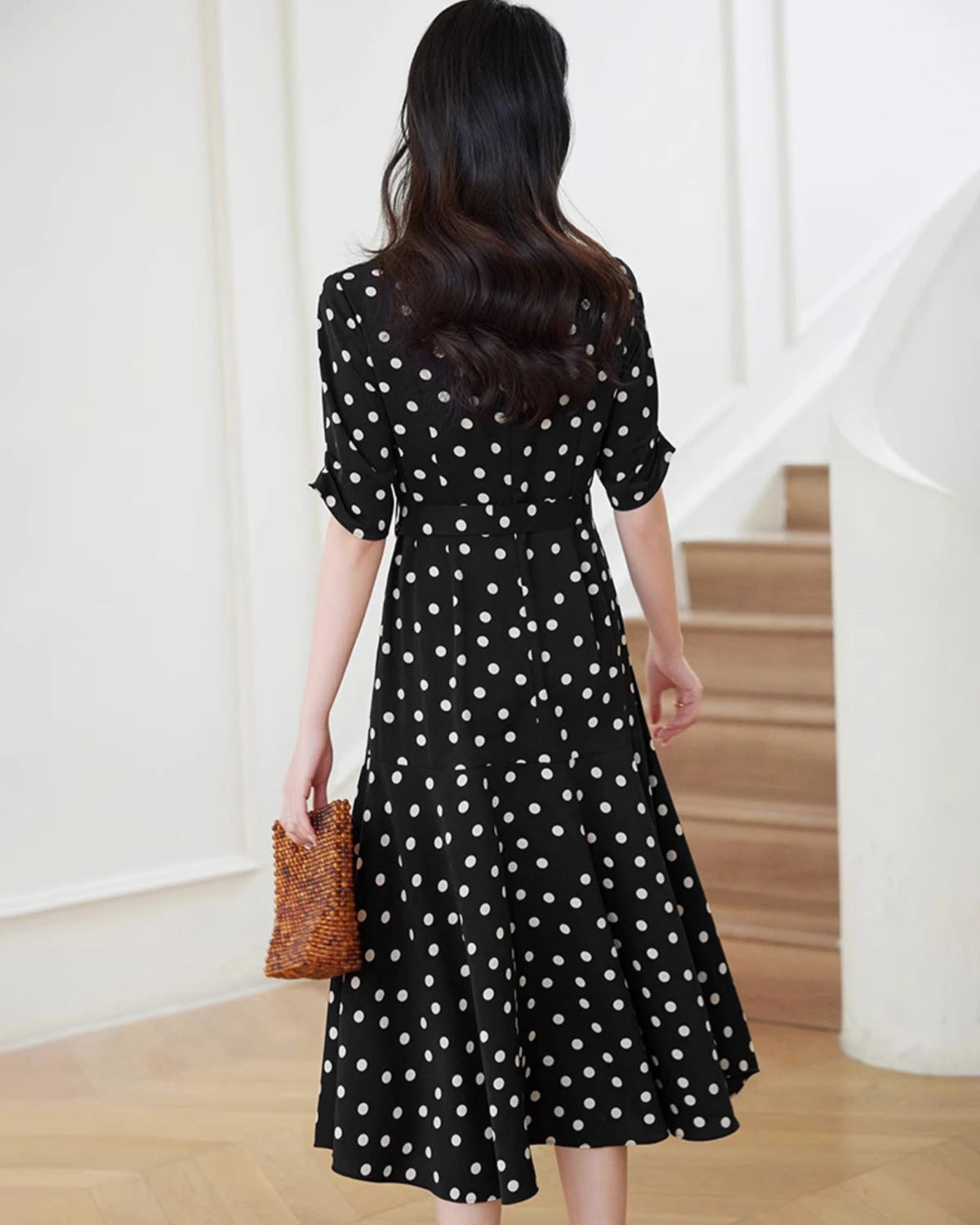 Flared Polka Dot Silk Dress, Black and White