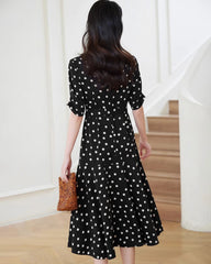 Flared Polka Dot Silk Dress, Black and White