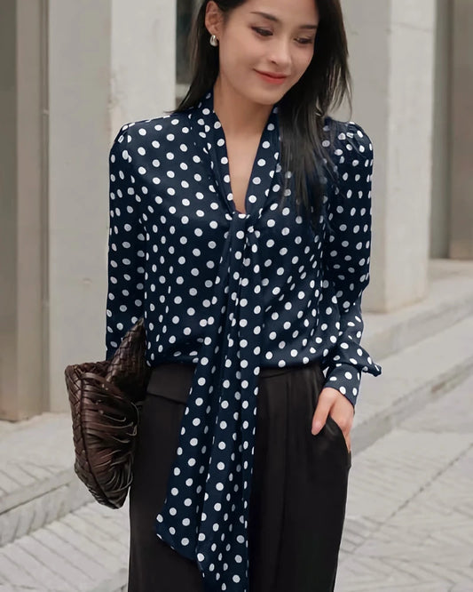 Tie Front Polka Dot Silk Blouse
