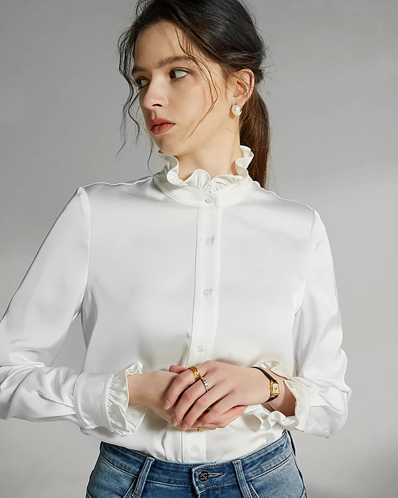 Stand Collar Silk Blouse with Ruffles, White