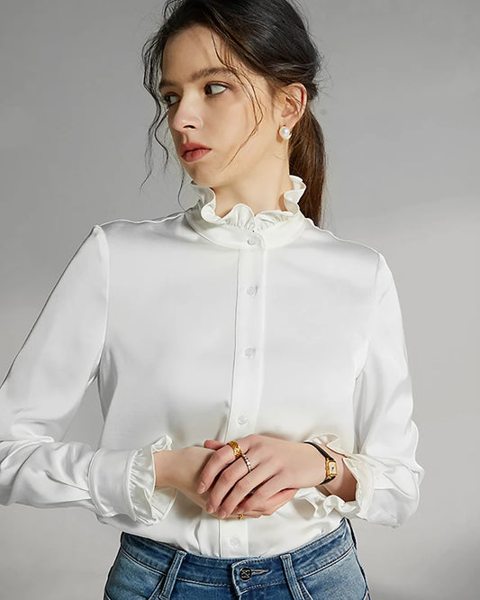 Stand Collar Silk Blouse with Ruffles, White