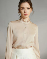 Stand Collar Silk Blouse with Ruffles, Champagne