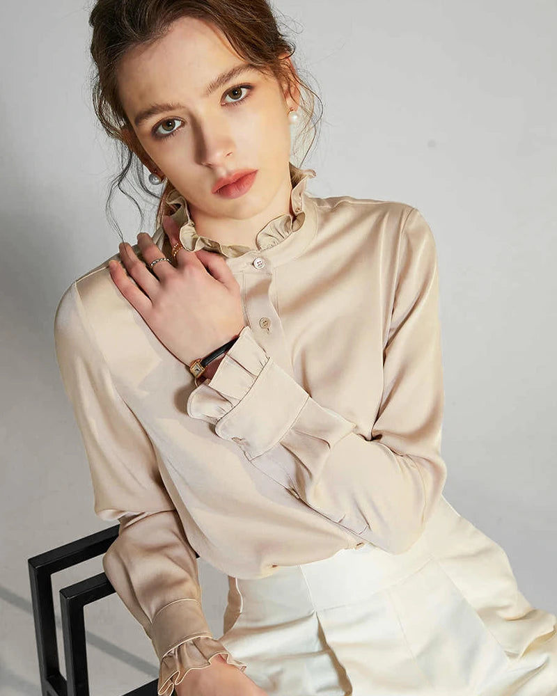 Stand Collar Silk Blouse with Ruffles, Champagne
