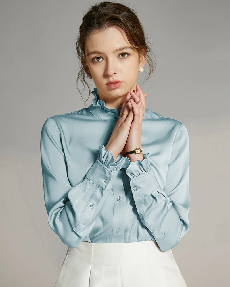 Stand Collar Silk Blouse with Ruffles, Haze Blue