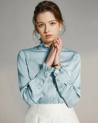 Stand Collar Silk Blouse with Ruffles, Haze Blue