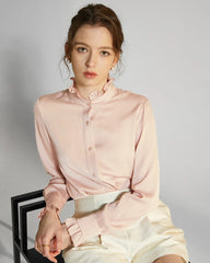 Stand Collar Silk Blouse with Ruffles, Pink