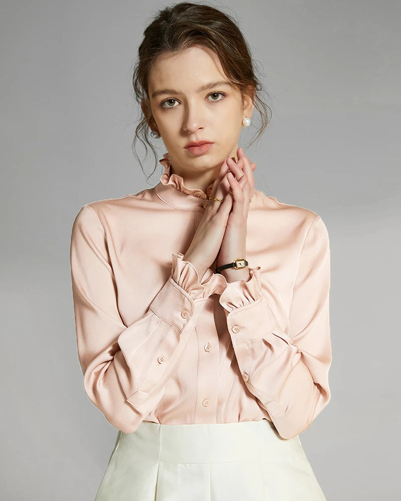 Stand Collar Silk Blouse with Ruffles, Pink
