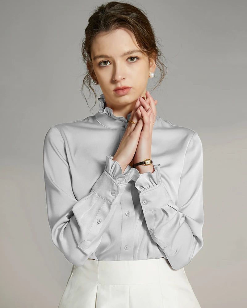 Stand Collar Silk Blouse with Ruffles, Silver