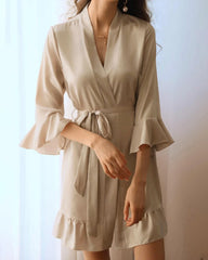 Washable Silk Short Robe with Ruffles, Champagne