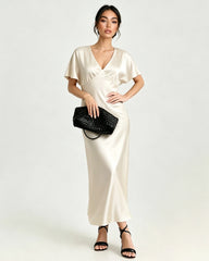 Satin Triacetate Batwing Sleeve Maxi Slip Dress