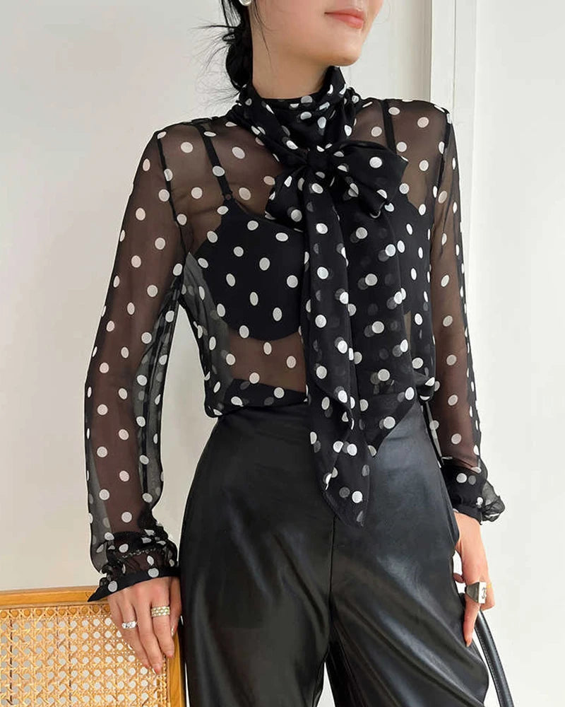 Sheer Polka Dot Silk Blouse, Black and White