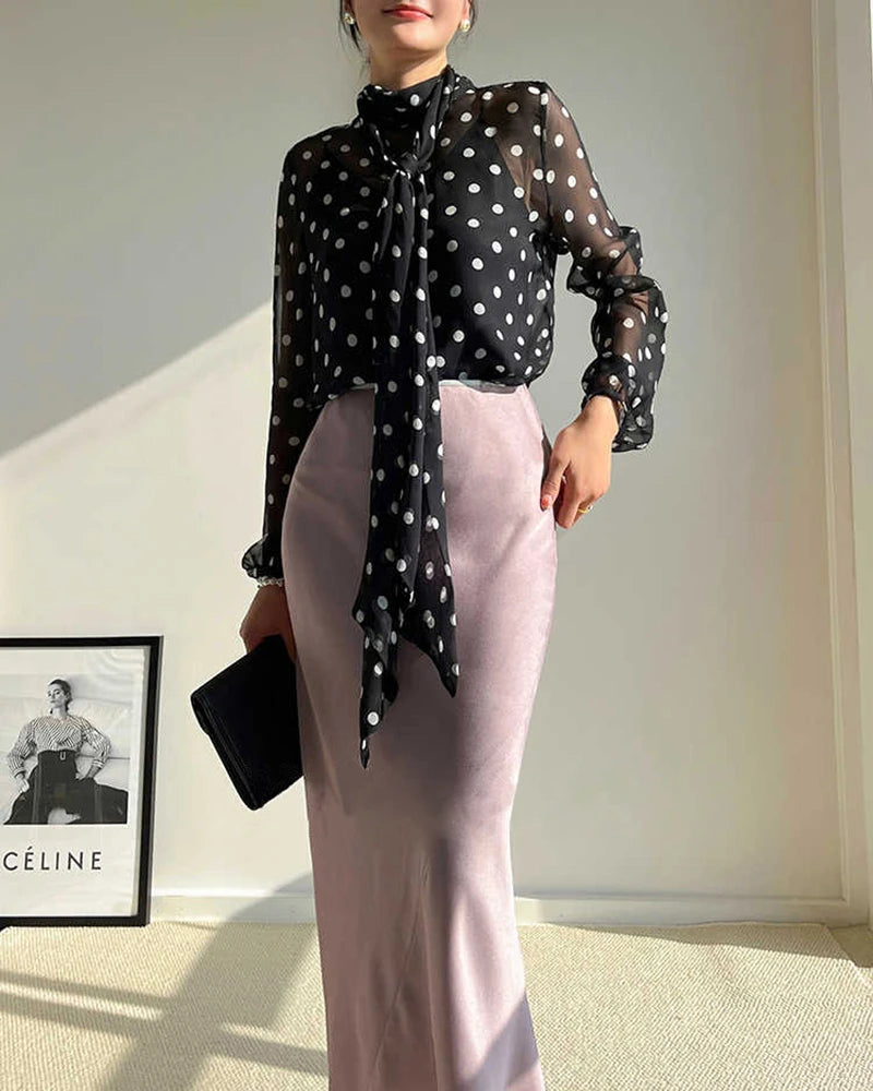 Sheer Polka Dot Silk Blouse, Black and White