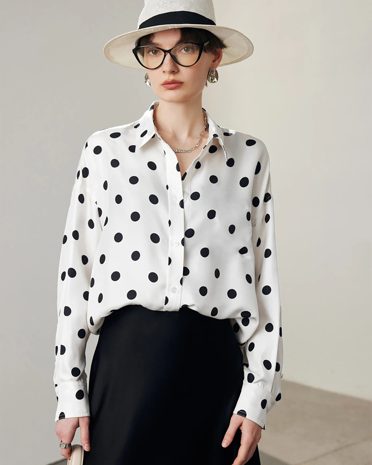 Polka Dot Silk Blouse, White and Black