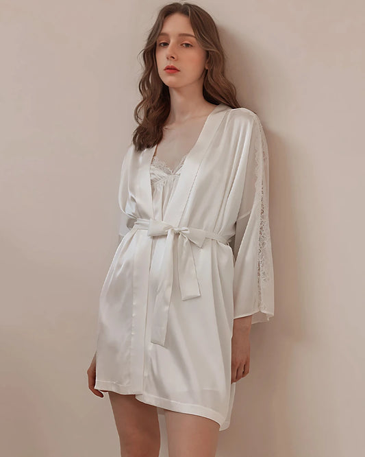 Washable Silk Lace Trim Robe, White