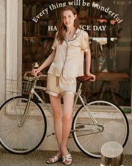 Short Sleeve Silk Pajama Set with Contrast Piping
