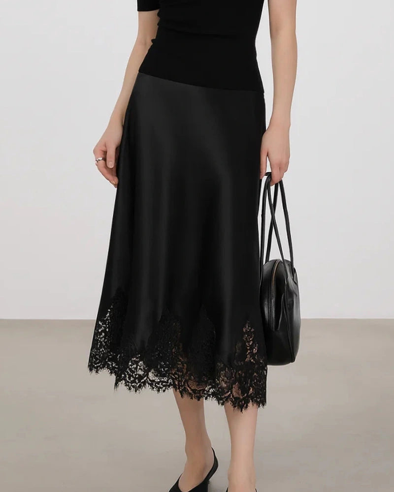 Silk Bias Cut Midi Skirt with Lace Trim - DAISYSILK UK
