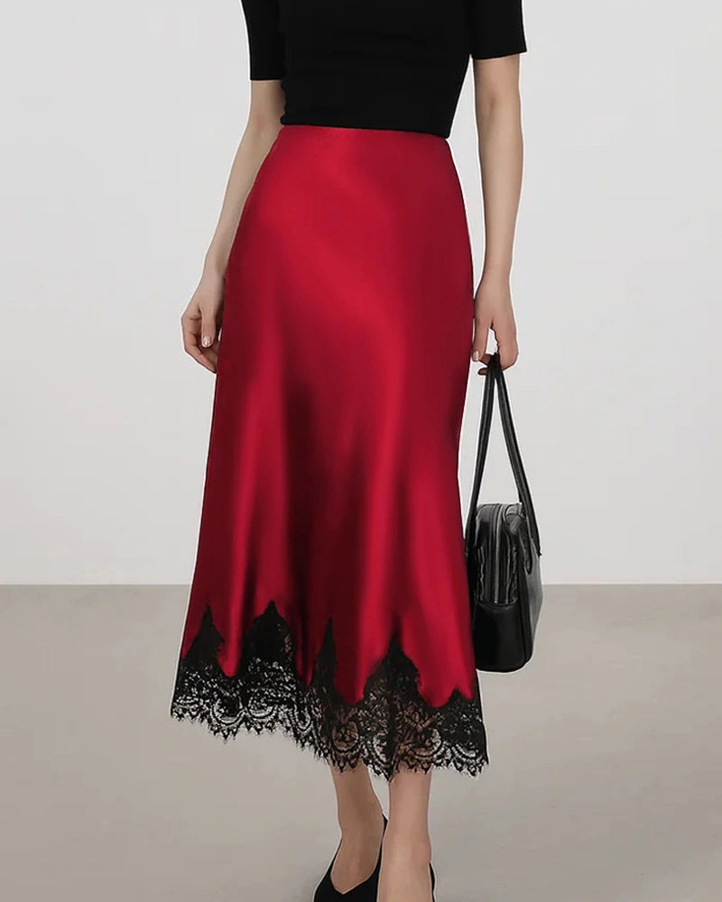 Silk Bias Cut Midi Skirt with Lace Trim - DAISYSILK UK