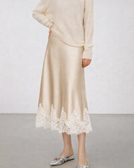 Silk Bias Cut Midi Skirt with Lace Trim
