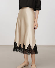 Silk Bias Cut Midi Skirt with Lace Trim - DAISYSILK UK