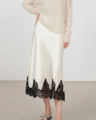 Silk Bias Cut Midi Skirt with Lace Trim