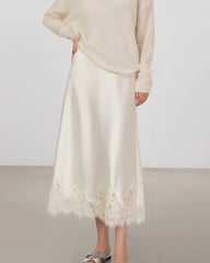 Silk Bias Cut Midi Skirt with Lace Trim - DAISYSILK UK