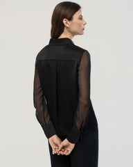 19 Momme Silk Black Shirt with Sheer Georgette Sleeves