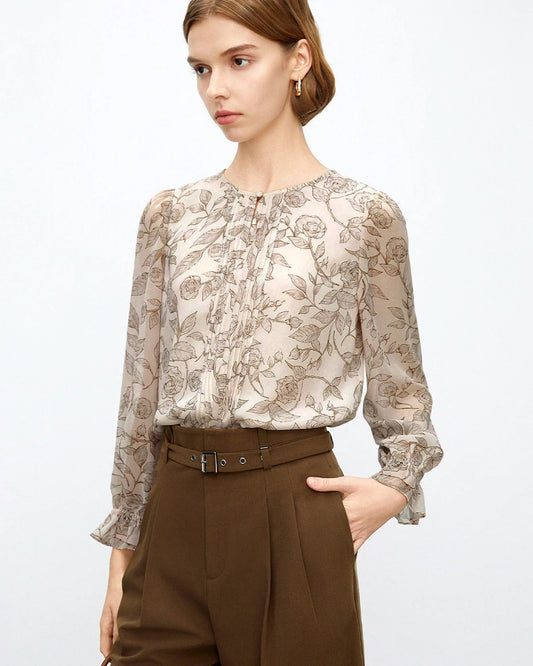 Rose Sketch Floral Silk Blouse