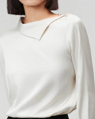 Asymmetric Boat Neck Silk Long Sleeve Blouse