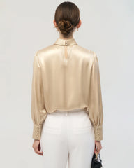 19 Momme Silk Blouse with Handcrafted Rose Detail