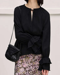 Ruffled Sleeve Tie Front Silk Blouse, Black