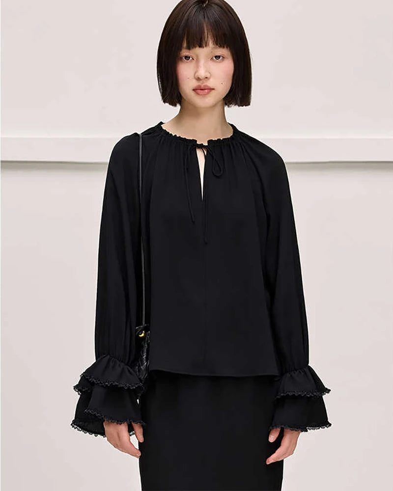 Ruffled Sleeve Tie Front Silk Blouse, Black