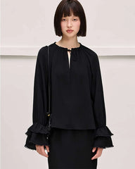 Ruffled Sleeve Tie Front Silk Blouse, Black