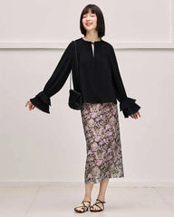 Ruffled Sleeve Tie Front Silk Blouse, Black