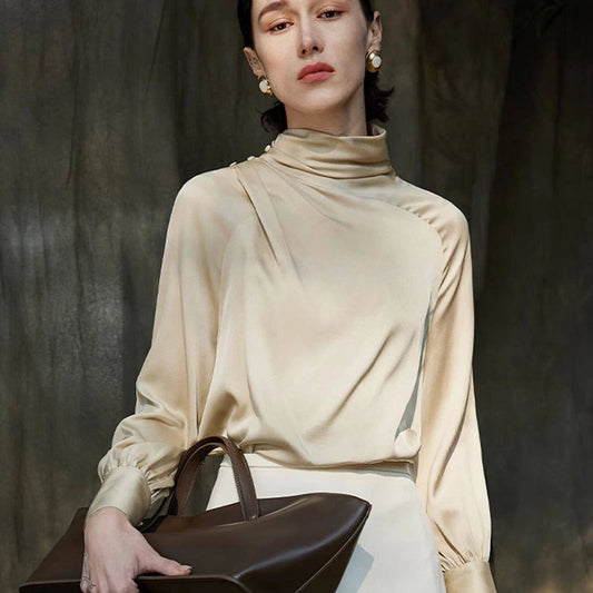 Pleated Mock Neck Silk Long Sleeve Blouse