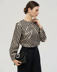 Abstract Stripe Silk Pleated Neck Blouse