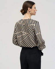 Abstract Stripe Silk Pleated Neck Blouse