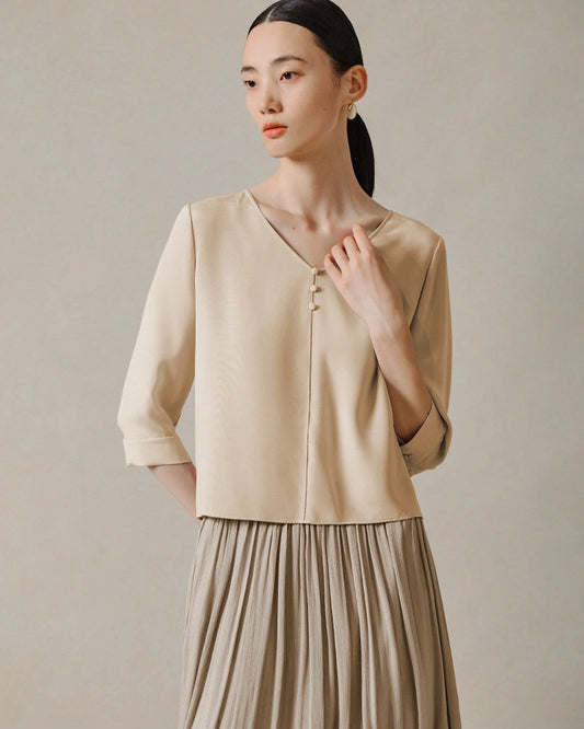 22 Momme V Neck Silk Blouse with 3/4 Sleeve