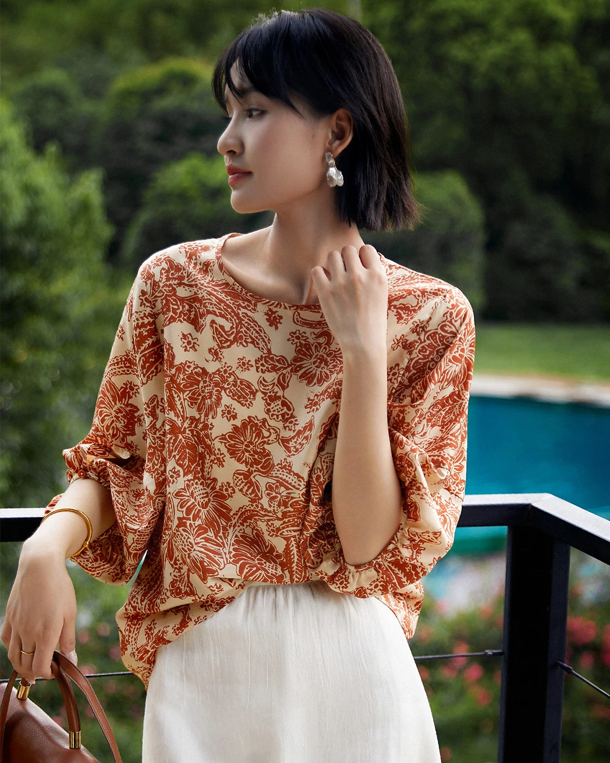 Terracotta Paisley Print Silk Blouse, Orange and Cream