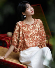 Terracotta Paisley Print Silk Blouse, Orange and Cream