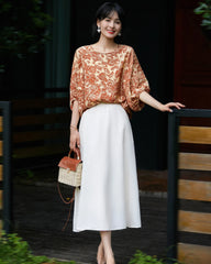Terracotta Paisley Print Silk Blouse, Orange and Cream