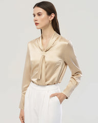 22 Momme Tie Neck Silk Long Sleeve Blouse
