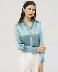22 Momme Tie Neck Silk Long Sleeve Blouse