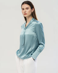 22 Momme Tie Neck Silk Long Sleeve Blouse