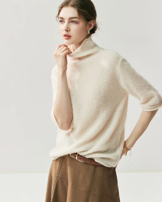 Silk-Cashmere Short Sleeve Turtleneck Sweater