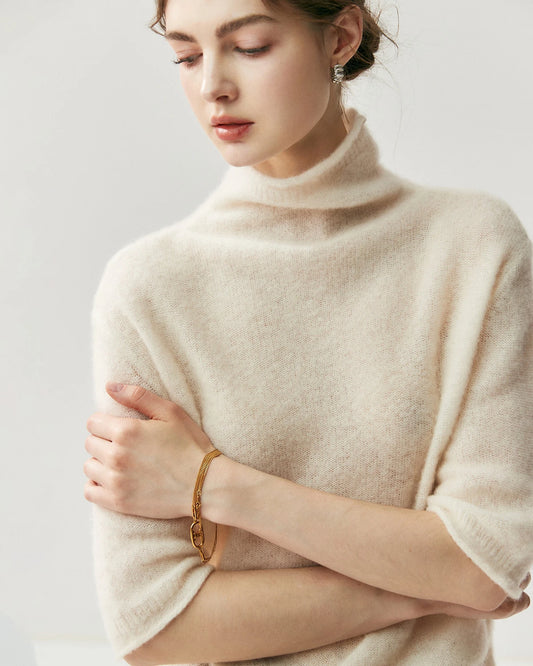 Silk-Cashmere Short Sleeve Turtleneck Sweater