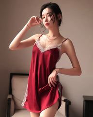 Backless Lace Up Silk Nightie, Burgundy