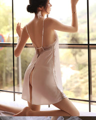 Backless Lace Up Silk Nightie, White