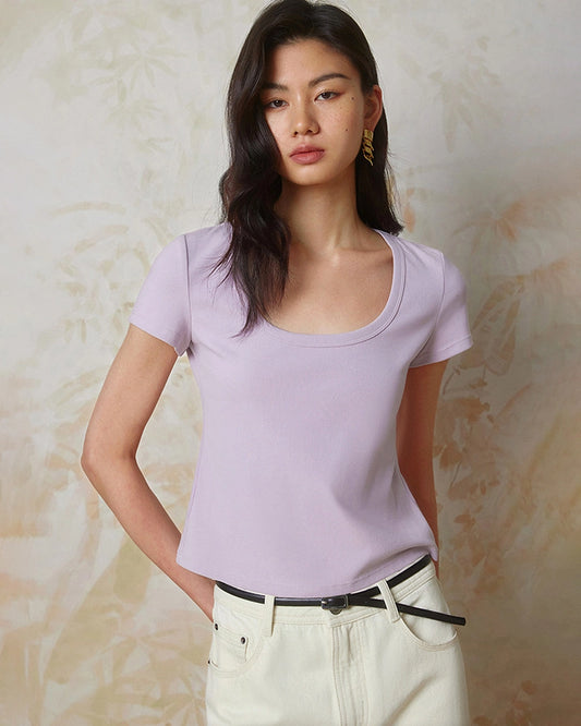 Cropped Silk Jersey Wide Crew Neck, Lilac