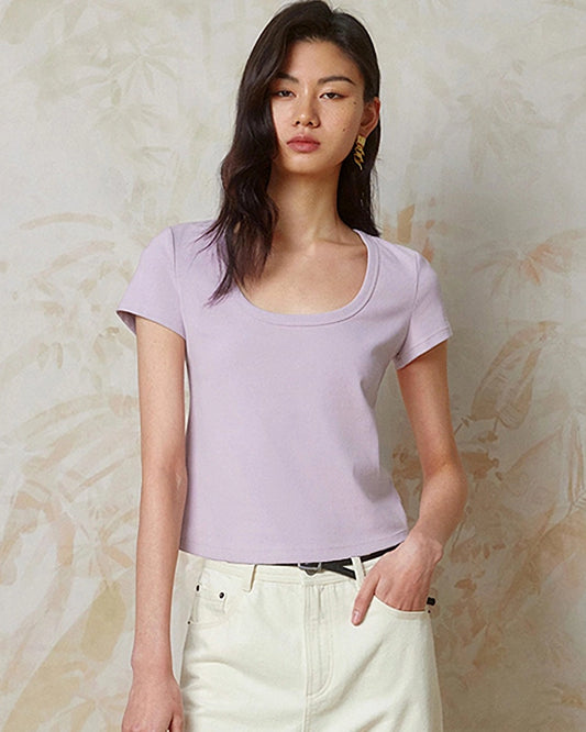 Cropped Silk Jersey Wide Crew Neck, Lilac
